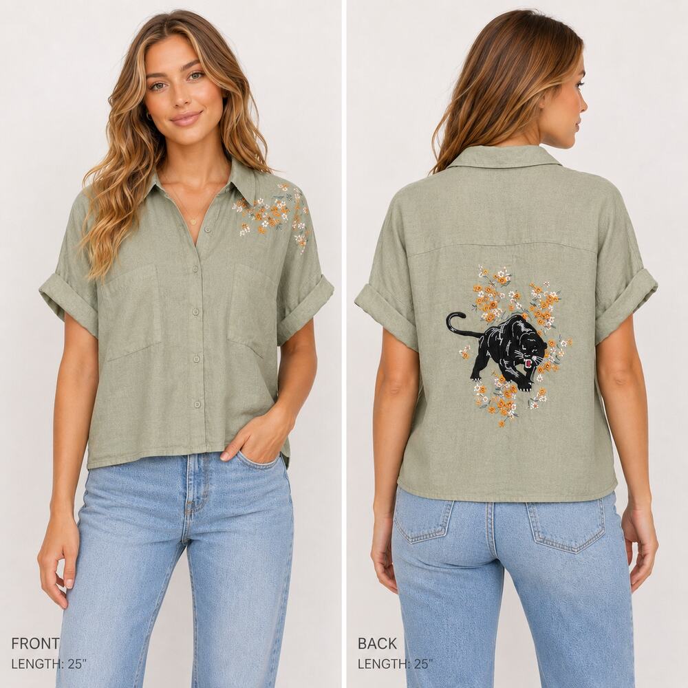 Topshop Button-Up Top Women's Size 6 Sage Embroidered Panther Floral Linen Blend
